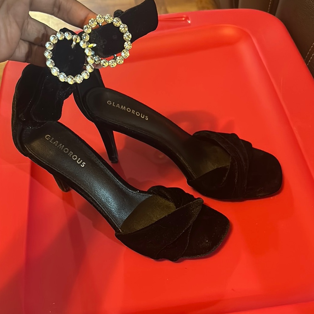 Glamorous Black Velvet Heels with Rhinestone Detail